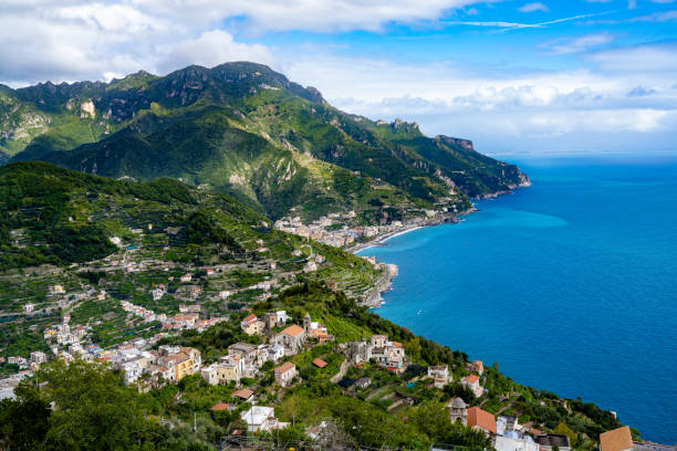 An Elevated View of the Amalfi Coast seen from Ravello Looking Down Towards the Sea An Elevated View of the Amalfi Coast seen from Ravello Looking Down Towards the Sea ravello stock pictures, royalty-free photos & images