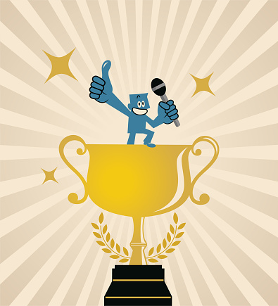 Blue Cartoon Characters Design Vector Art Illustration.
A champion with a big gold trophy and a microphone gives a thumbs-up.