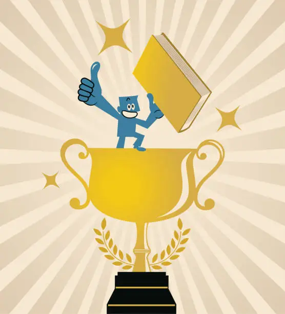 Vector illustration of A champion with a big gold trophy and a golden book gives a thumbs-up, The concept of Thinking Like a Champion or Acting Like a Champion