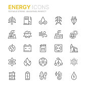 Sammlung von energie- und leistungsbezogenen Umrisssymbolen. 48x48 Pixel perfekt. Bearbeitbarer Strich