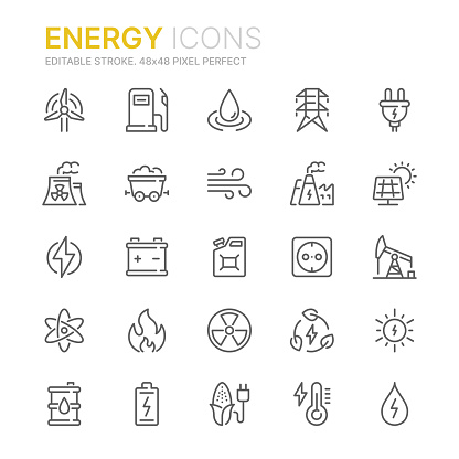 Collection of energy and power related outline icons. 48x48 Pixel Perfect. Editable stroke