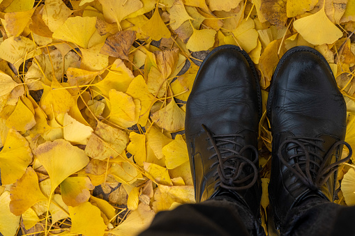 Photo of black boots on yellow leaves in autumn.