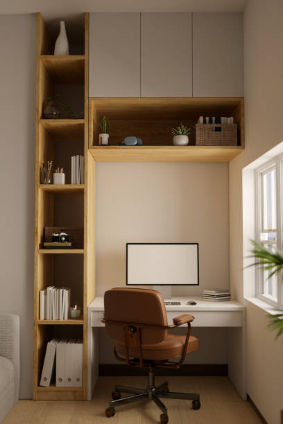 istock Modern minimal contemporary home working space in white and wood style with pc computer mockup 1440130800