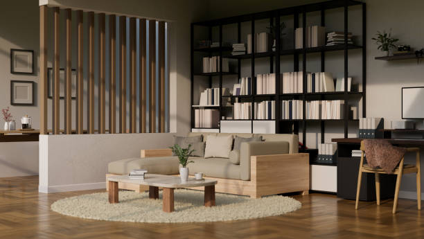 istock Modern contemporary home living room interior with sofa, coffee table, bookshelves, working space 1440130803