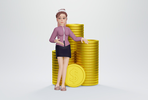 3d render. Portrait of a handsome businesswoman with a stack of money.