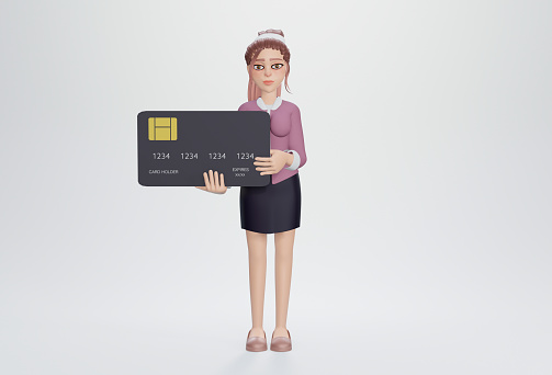 3d render. Woman holding a large credit card in her hands.