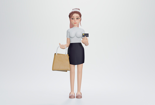 3d render. Young beautiful business woman holding credit card and shopping bags
