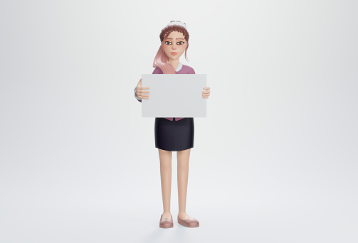 3d render. Business woman holding blank papers