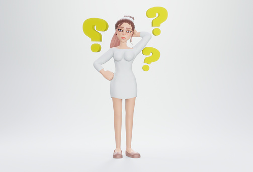 3d render. Businesswoman looking for a solution, Girl among questions