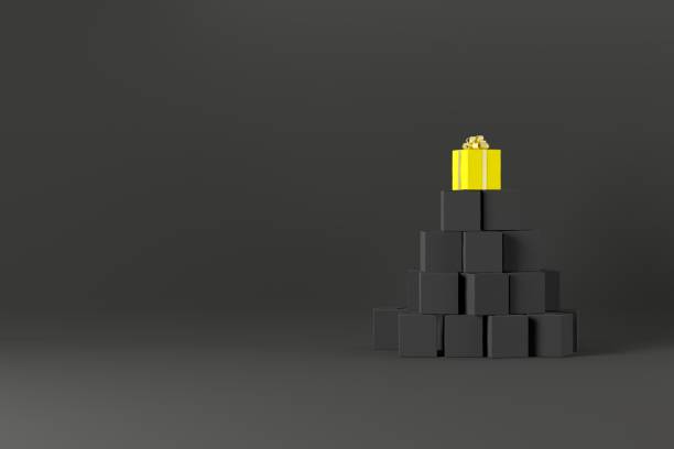 Outstanding Pile Yellow gift box stacked on top black gift box set on black background. 3D illustration.