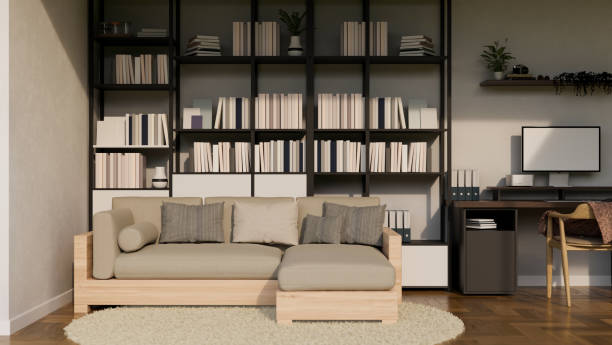 istock Modern contemporary home living room interior with comfy sofa, bookshelves, working space 1440133948