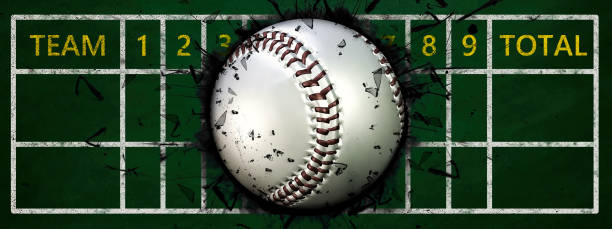 illustrazione 3d della palla da baseball bloccata nel tabellone segnapunti - baseballs baseball breaking broken foto e immagini stock