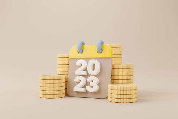 Calendar minimal simple design with year 2023 and gold coins stack on brown background. Time is money concept. Save money and investment. 3d rendering illustration stock photo