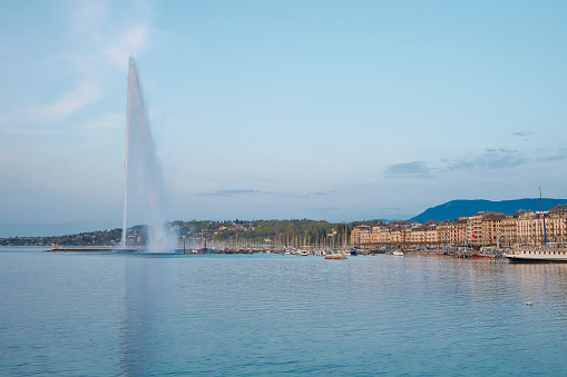 The landscape of The Jet 'deau Fountain and the Lake Geneva at sunset, Switzerland