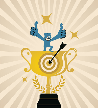 Blue Cartoon Characters Design Vector Art Illustration.
A champion with a big gold trophy shows a dartboard and arrow and gives a thumbs-up.
The concept for Thinking Like a Champion or Acting Like a Champion.