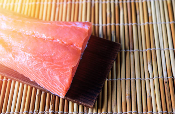Raw salmon  Fillet , Fresh Salmon Fillet Sashimi on wood