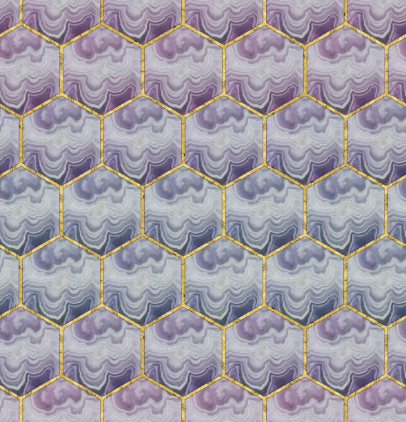 istock Hexagon seamless texture. Mosaic, inlay. Illustration in stained glass style. Art Deco style. Seamless chaotic hexagon pattern. For wallpaper, textile print, tile. Marble texture. Golden hexagons 1440139529