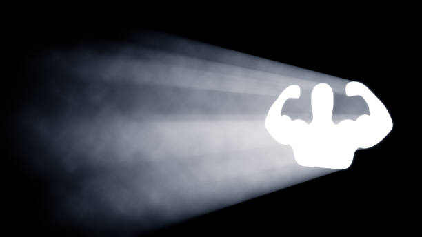 3D Muscled Man Shaped Hole in the Wall Shinning Light on a Dark Smoky Environment, Abstract Black Background.