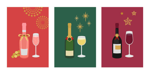 ilustraciones, imágenes clip art, dibujos animados e iconos de stock de varias botellas. champagne, prosecco, rose, vinos tintos. concepto de celebración. - cesta de navidad