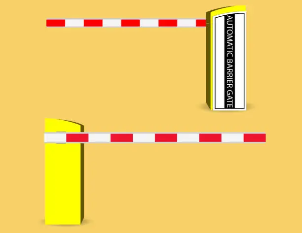 Vector illustration of Automatic  barrier gate closed. Open and closed road barrier