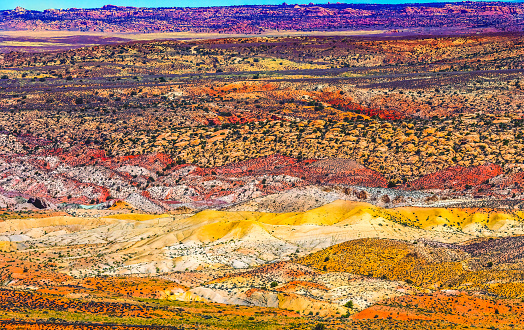 Colorful Painted Desert Yellow Sand Orange Sandstone Fiery Furnace Arches National Park Moab Utah USA Southwest.