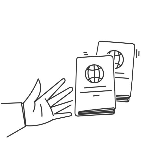 hand drawn doodle hand holding identification document passport illustration hand drawn doodle hand holding identification document passport illustration immigrants crossing sign stock illustrations