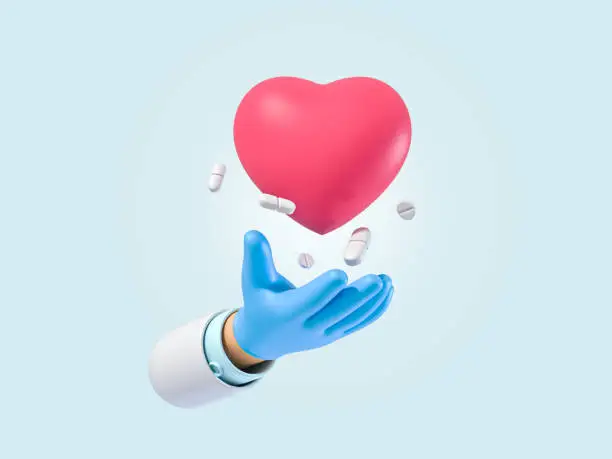Photo of Cartoon hand of a doctor in gloves holding a red heart on a blue background. 3d rendering
