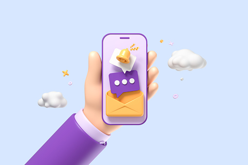 3D Hand holding mobile phone with messages. Form notification in smartphone. Online quiz. Cartoon creative design icon isolated on blue background. 3D Rendering