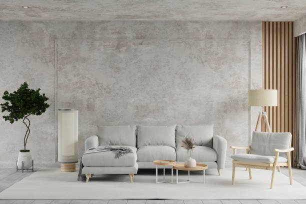 istock Concrete room interior with furniture and decor. 1440147676