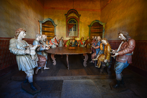 Masterpiece polychrome sculptures of baroque artist Aleijadinho inside one of the chapels illustrating the Stations of the Cross, Sanctuary of Bom Jesus de Matosinhos, Congonhas, Minas Gerais, Brazil