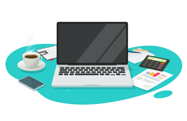 Computer laptop screen blank empty space vector 3d on table desk workplace office or pc display on abstract work desktop creative graphic illustration, research analysis workspace for education study Computer laptop screen blank empty space vector 3d on table desk workplace office or pc display, abstract work desktop creative graphic illustration, research analysis workspace for education study blue cup stock illustrations