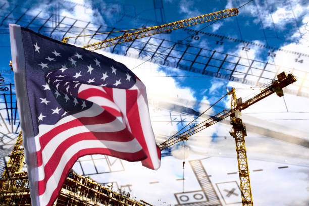 istock Construction site, blueprint and flag of USA 1440152484