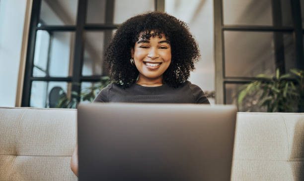 istock Black woman, laptop and technology, work from home or streaming online, internet and connection, content ideas and   watching video or film. Zoom meeting, African American and web, email and connect. 1440154579