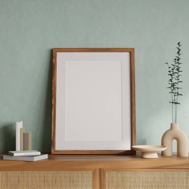 istock Vertical wood frame mockup in living room interior with light reflection. 3d rendering, 3d illustration 1440156839