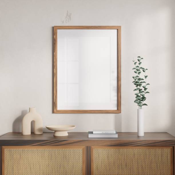istock Vertical wood frame mockup in living room interior with light reflection. 3d rendering, 3d illustration 1440156909