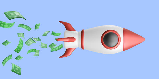 istock 3d realistic start up banner with flying rocket and money.  Money investment concept. Vector illustration 1440159008