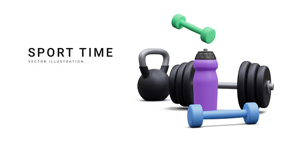 3d realistic banner with kettlebell, dumbbells and bottle isolated on white background. Vector illustration.