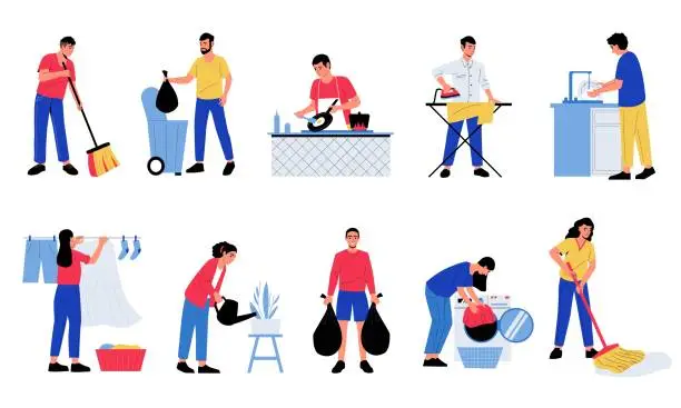 Vector illustration of People doing housework. Men woman characters cooking dishes watering flowers cleaning up doing housework chores. Vector cartoon isolated set