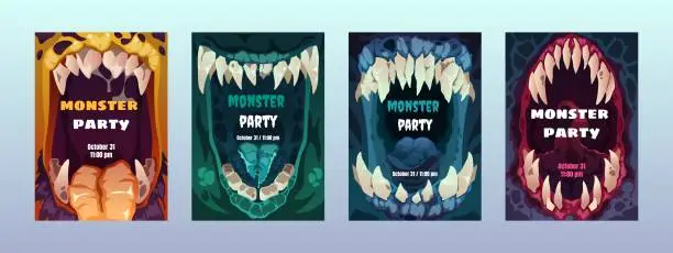 Vector illustration of Creepy mouth posters. Cute scary monster lips teeth, colorful comic alien characters emotion for Halloween party invitation cove flyer. Vector set