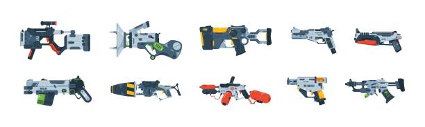 ilustrações de stock, clip art, desenhos animados e ícones de game blaster. cartoon space gun for child games, futuristic alien laser weapon plastic handle pistol toys ui design elements. vector set - toy gun