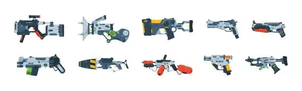 Vector illustration of Game blaster. Cartoon space gun for child games, futuristic alien laser weapon plastic handle pistol toys UI design elements. Vector set
