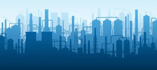 Vector illustration of Panoramic industrial silhouette. Oil industry factory buildings, refinery complex with pipes and tanks landscape background. Vector illustration