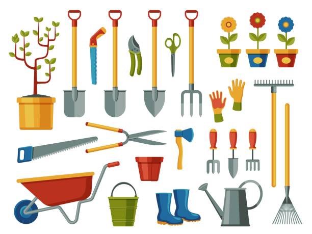 garden tools. farm agriculture equipment with shovel rake rubber boots secateurs cutter gloves lawnmower, flat cartoon gardening icons. vector isolated set - 耙 農業器材 幅插畫檔、美工圖案、卡通及圖標