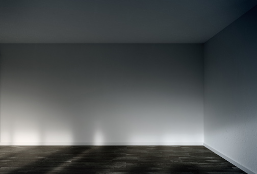 Wooden parquet floor empty room and white wall.