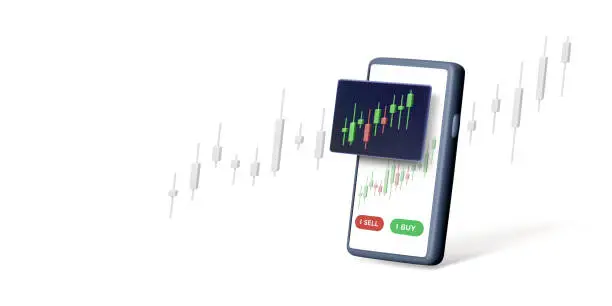 Vector illustration of Mobile phone with stock exchange trade app on screen in 3D style. Render of investment application and business banner