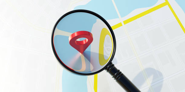 istock Location pin and magnify glass on map background. Find search place. 1440166193