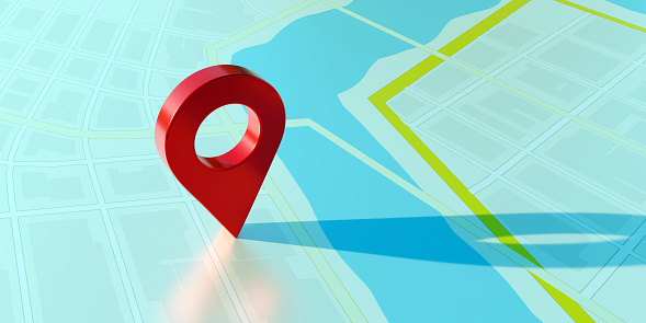 GPS navigation pointer on a map background, Red Location pin icon, travel, route direction and place position marker. 3D render.