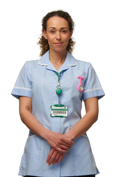 Female nurse points to blank wall