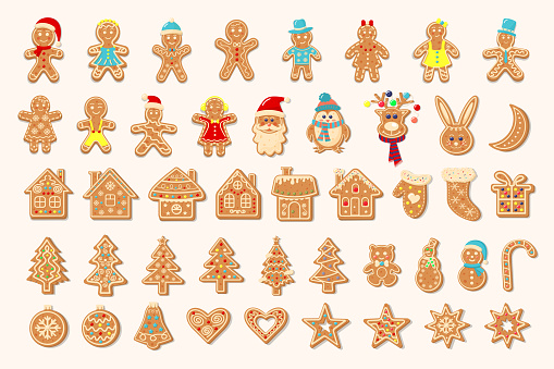 Big Christmas gingerbread collection. Gingerbread men and women, houses, Christmas trees, rabbit, Santa Claus, balls, hearts, snowflakes, stars, bear, penguin, deer, snowman, sock, mitten, bell, moon, gift and candy cane.