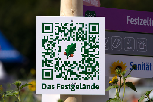 QR code sign at Eidgenössisches Schwing- und Älplerfest ESAF 2022 at Pratteln, Canton Basel-Landschaft, on a sunny summer day. Photo taken August 24th, 2022, Basel, Switzerland.